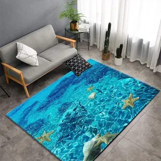 Morbuy Teppich Wohnzimmer Flanell Kurzflor Teppiches, Blau Ozean Strand Drucken Teppich Waschbar rutschfest Krabbelmatte für Kinderzimmer Schlafzimmer Dekoration (100x120cm,blaues Meer)