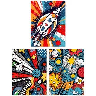 Artery8 Set of 3 Space Pop Art Comic Book Style Artwork Planet Stars and Rocket Kids Bedroom Unframed Wall Art Living Room Poster Prints Pack