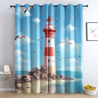 Venivici Leuchtturm Vorhänge Wohnzimmer Schlafzimmer - Nautisch Maritim Vorhang mit ösen, Gardinen Blickdicht, Verdunklungsvorhänge Kinderzimmer, Thermovorhang 2er Set, H 175 x B 140 cm