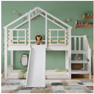 Flieks Etagenbett, Hochbett mit oberem Lattenrost Kinderbett mit Treppe &Rutsche 90x200cm weiß