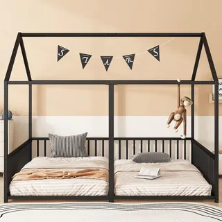 Haus-Hochbett 90x200 cm – Kinderbett in Schwarz, Eisenrahmen, Haus-Design, Geländer, Leiter, Doppelbett-Optik, 186x206x174,5 cm, für Kinderzimmer - Schwarz
