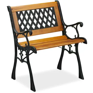 Relaxdays Gartenstuhl mit Armlehne, belastbar, niedrig, Vintage-Design, Holz & Gusseisen, 73x62x 52,5 cm, natur-schwarz