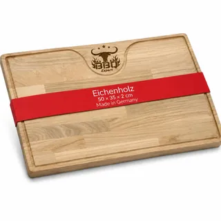 Mende Systems Schneidebrett Holz aus Eiche 50x35 cm groß mit Saftrille | Massives Naturholz, Hochwertige Lasergravur „BBQ-Expert“, Naturbelassen & ungeölt, Ideal zum Schneiden und Servieren