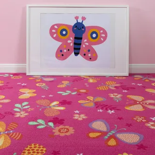 Steffensmeier Teppichboden Sophia Meterware | Auslegware für Kinderzimmer | Spielteppich | Schmetterling Pink, Größe: 200x300 cm