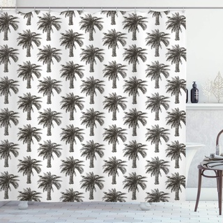 ABAKUHAUS Palme Duschvorhang, Retro Wachstum Natur, Stoffliches Gewebe Badezimmerdekorationsset mit Haken, 175 x 220 cm, Dunkelbraun Weiß