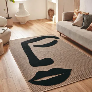Nazar Palmateppich, Natur, Jute-Look, Naturteppich für Wohnzimmer, Schlafzimmer, Flur, Boho-Teppich, Naturfarbe (9493 schwarz, 200x290 cm)