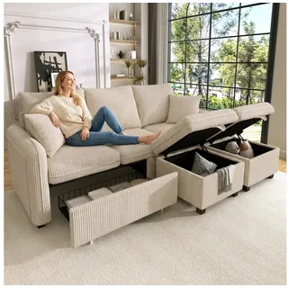 Merax Ecksofa U-förmiges Schlafsofa mit Staufunktion, Tagesbett Sofa Wohnzimmersofa aus Chenille-Bezug 1 Teile, 3-Sitzer-Ecksofa mit 2 Schubladen & 2 Hocker mit Stauraum, Polstersofa beige