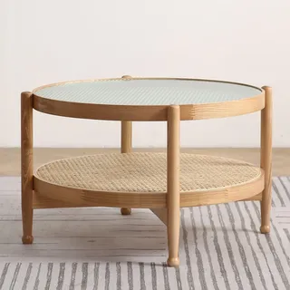 Runder Couchtisch Aus Holz Mit Rattan-ablagefach, 2-stöckiger Boho-mid-century-modern-glasplatte-snack-teetisch, Cocktailtisch, Sofatisch Für Wohnzimmer Und Schlafzim(Size:70x70x45cm,Color:Wood Color)