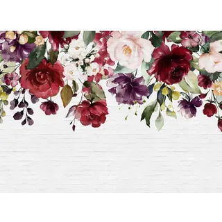 ascreation Fototapete Blumen Steinwand Rot Rosa Lila Weiß 3,50 m x 2,55 m FSC®