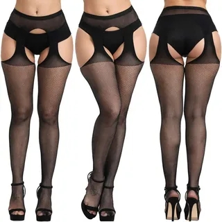 Sexy Schwarz Dessous,Dessous Damen, Asudaro Fraue Netzstrümpfe Netzstrumpfhose Strapsstrümpfe, durchsichtige Spitze, Fischernetze Hoch Strumpfhose Straps Strümpfe,Große Größen,3er-Pack