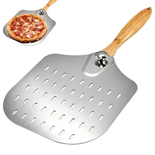 TOATELU Pizzaschieber Perforiert, Groß 39 x 31 cm, Aluminiumlegierung Pizzaschaufel mit Abnehmbaren Holzgriff, Pizza Schieber, für hausgemachte Pizza, Brot, Kuchen, Perforiertem Design