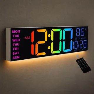 HAITANG Wanduhr Digital - 8 Farben Digitale Wanduhr 16,2" Große Digitale Uhr mit Temperatur, Datum, Nachtlicht, Automatische Helligkeitsregelung, 24/12-Stunden für Wohnzimmer Büro Fitnessstudio