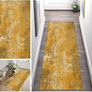 ZUZEKU Vintage Grau Gelb Läufer Flur Küche Waschbar rutschfest 90X120cm Lang Unifarbendes Abstraktes Muster Küchenteppich Flurteppich Teppich Fur Korridor Wohnzimmer Schlafzimmer Meterware Anpassbar