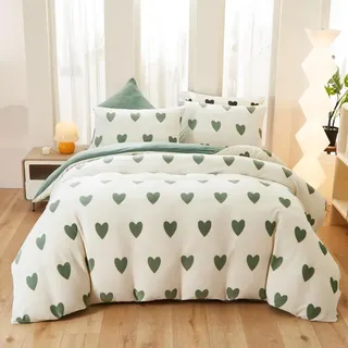 Covebett Flanell Bettwäsche 135x200 Herzen Grün Weiß Winter Warm Plüsch | Winterbettwäsche Set 2teilig, Kuschelig Flauschig, Cashmere Touch, Wende Bettbezug und 1 Kissenbezug 80x80 mit Reißverschluss