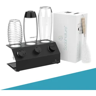 SodaNature® Premium 3er Edelstahl Flaschenhalter für SodaStream Flaschen (Duo & Crystal) | Set Timeless in Anthrazit | inkl. Abtropfschale, Flaschenbürste, Silkonringe & -füße, Geschenkverpackung