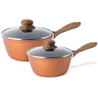 nuovva Induktions-Kochtopf-Set mit Deckel, antihaftbeschichtet, Stielkasserolle für Induktion, 2-teiliges Kupfer-Soßentopf-Set, 16 cm, 18 cm