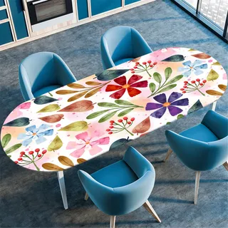 Odot Waschbare Elastische Runde Tischdecke Oval Abwaschbar Spanntischdecke Oval Gartentischdecke Outdoor Oval Tischdecke mit Gummizug, 3D Moderne Blumen (132x178cm,Blumen)