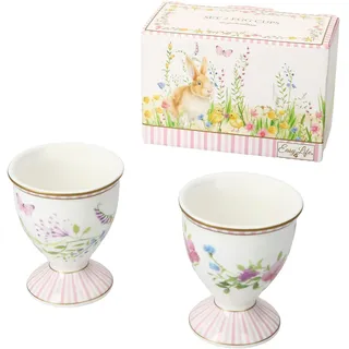 2x Happy Easter Eierbecher Porzellan für 2 Personen Frühstück Brunch Ostern Hase