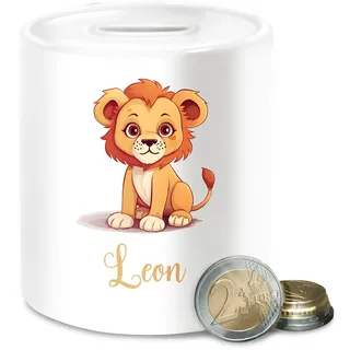 Spardose - Löwen - Löwe König der Tiere LEU mit Namen - Zootiere Tiermotiv - Unisize - Weiß - babyspardosen zur Geburt löwenmotiv Leon spardosen kinderspardose Tier sparbüchse Kinder Lion