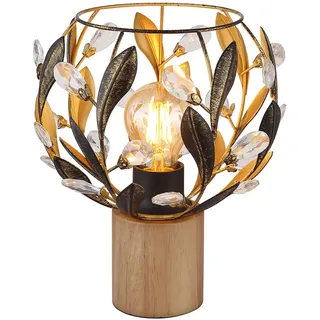 Tischlampe Wohnzimmer Tischleuchte Kristalle Nachttischlampe goldfarben, Holz Acryl, 1x E27 Fassung, DxH 20x25 cm