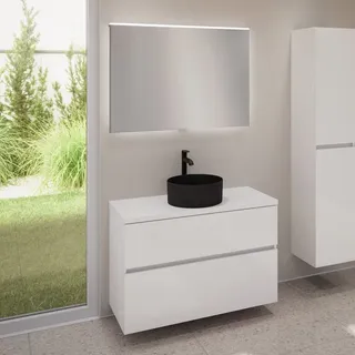 evineo ineo5 evo Unterschrank B: 100 cm mit 2 Auszügen, ineo7 Waschtisch Ø 36 cm schwarz matt, mit ineo Lichtspiegel,, BE0942BM+BE0958WH+BE0964WH+BEA011MI,