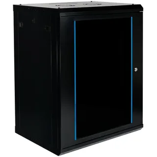 Netzwerkschrank 19 Zoll 15HE I 450 mm Tiefe I Serverschrank Schwarz | montiert | Wandmontage I abschließbare Glastür I voll montiert I 100 kg Traglast I 600×450×770 mm (Schwarz - 45cm, 15HE)
