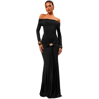 Jerseykleid MODA MINX "Samantha Off Shoulder Dress", Damen, Gr. L, EURO-Größen, schwarz, 100% Polyester, unifarben, lang, Carmenausschnitt, Kleider Jerseykleid, im schulterfreien Design
