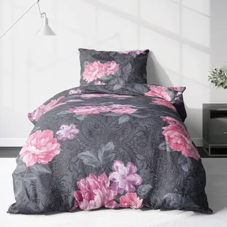 LINKHOFF Bettwäsche Biber Bettwäsche 135x200cm, Anthrazit Rosa, Blumenmuster, Flauschige Blumen-Bettwäsche, Floral, Mit Reißverschluss, Rosen