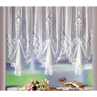 heimtexland Gardine Bogenstore Vorhang Fensterdeko Hochraff-Store weiß (1 St), Kräuselband, halbtransparent, Jacquard, Universalschienenband I halbstransparent I gebogte Bordüre weiß 400 cm x 145 cm