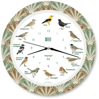 KOOKOO Singvögel Feather Heart, Die Singende Vogeluhr, mit 12 heimischen Singvögeln und echten, natürlichen Vogelstimmen, mit RC Funkquarzwerk