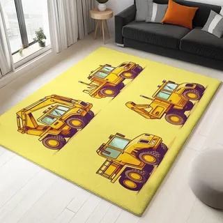 Teppich Kinderzimmer Cartoon Baufahrzeug Bau Maschinen Fahrzeug 80 x 150 cm Waschbar Rutschfest Weiche Kurzflor, für Allergiker geeignet – Kleiner Teppich für Wohnzimmer Schlafzimmer Esszimmer, Gelb