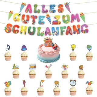 Esitrormi Schulanfang Girlanden Tortenstecker Deko Set | 3 Girlanden & 16 Tortenstecker aus stabilem Karton, für Schulanfangsfeiern und Klassenzimmer