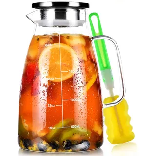 Aofmee Karaffe 2 Liter, Glaskaraffe, Wasserkaraffe, Karaffe Glas, Glaskaraffe mit Deckel, Wasserkrug, Glaskrug, Wasserkaraffe mit Kühlung, Eistee Krug Saft Krug, Getränkekaraffe Glaskanne