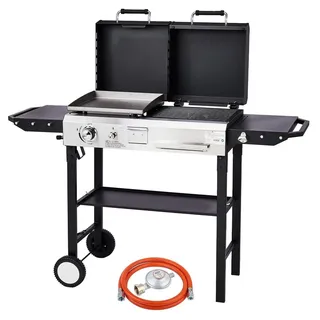 FCH 2-in-1 Gas- & Holzkohlegrill 4.5 kW mit Deckel, Plancha & Grillrost, emailliert, für Garten, schwarz - Schwarz