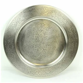 Casa Moro Tablett Marokkanisches Serviertablett Hoyam Silber aus Marrakesch, Metall, (Eid Mubarak, 1-tlg), Ramadan Teetablett Dekotablett silberfarben Ø 30 cm x 30 cm x 30 cm x 1 cm