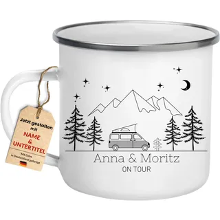 Little Mathilda Emaille Tasse personalisiert Camping Tassen mit Namen Camping Zubehör Wohnmobil Becher Wohnwagen 300ml Camper Geschenke für Wohnmobilbesitzer (Campingvan grau)
