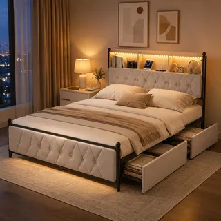 Polsterbett Doppelbett 180x200 cm, Stauraumbett mit 4 Schubladen, Bett 180x200 mit Bettkasten und Lattenrost, Staufach-Kopfteil mit LED und USB Ladestation,Jugendbett Funktionsbett,Samt