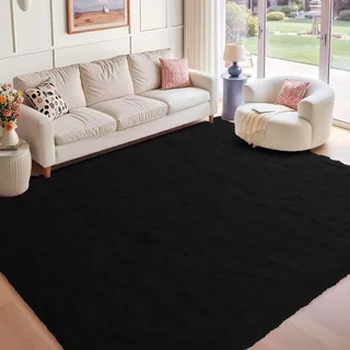 ZXIAOHUI Hochflor Teppich 180 x 200 cm Rechteckig, Langflor, Felloptik, Moderne Deko, Waschbarer Teppich Wohnzimmer Hochflorteppich für Fußbodenheizung Geeignet, Schwarz