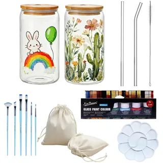 NIYATA Tassen Bemalen Set, DIY Set Erwachsene mit 2x 500ml Trinkglas mit Strohhalm und Deckel, Matcha & Eiskaffee Gläser zum Bemalen mit 6 Farben, Pinsel & Palette, Geschenkset