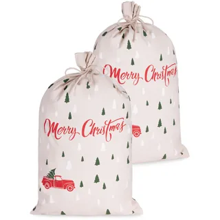 BRUBAKER Weihnachtssack Merry Christmas - Tannenbaum Wald mit Auto Rot - 80 cm Geschenksack Weihnachten - Nikolaussack Sack Baumwolle mit Kordel zum Verpacken von Geschenken - 2 Stück