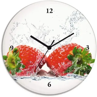 ARTLAND Wanddeko Wanduhr ohne Tickgeräusche Glas Quarzuhr Ø 30 cm Rund Lautlos Obst Früchte Erdbeere im Wasser Frucht Modern Food T5SP
