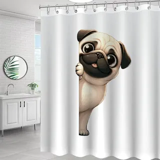Yelolyio Mops-Duschvorhang, Hund, der um die Ecke schaut, 183 x 190 cm, Badvorhang mit Haken, wasserdichte Badewannen, lustige Badezimmer-Dekoration, moderne Badezimmer-Duschvorhang-Sets