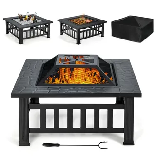 COSTWAY Feuerschale mit Grillrost, 3 in 1 Feuerkorb mit Funkenschutz und Schürhaken, Feuerstelle Garten Outdoor, 81 x 81 x 50 cm, Fire Pit für Heizung, BBQ Grill & Picknicks (Schwarz)