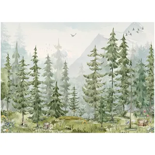 Fototapete Kinderzimmer Wald, Kindertapete Bäume, Vliesapete, Berge, Wald, Vögel, Fototapeten für Jungen und Mädchen