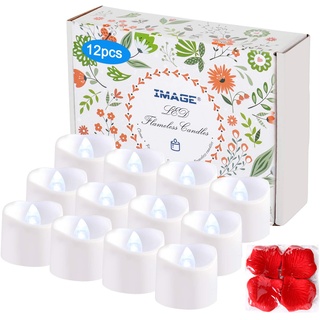 IMAGE LED Kerzen 12 Stück Teelichter mit Timer 6 Stunden an 18 Stunden aus flackernde flammenlose Kerzen mit 100 Rosenblättern, kaltweiß