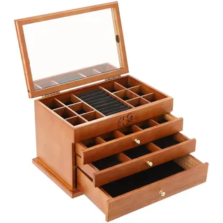 TFIANYNI 4 Etagen Schmuckkästchen Aus Holz Und Samttuch, Schmuckkasten 31x19.3x19.7cm, Vintage Schmuckbox Schmuckschatulle Mit Spiegel, Schmuckbox Geschenk