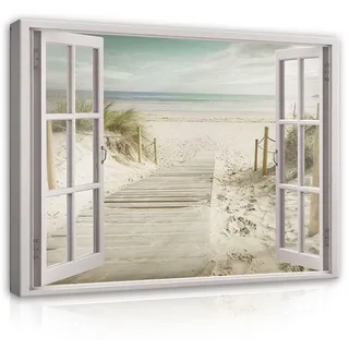 WallArena - Leinwand Bilder - Fensterblick Meer Strand Landschaft Fenster - 80x60 cm Leinwandbilder Bild auf leinwand Wandbild XXL groß Wandbilder für Wohnzimmer Schlafzimmer Wohnzimmerbilder Modern