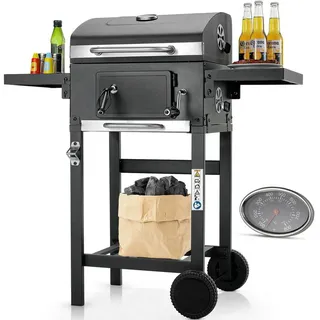 TLGREEN Holzkohlegrill Grill Grillwagen BBQ Smoker, Grillwagen Holzkohle, Höhenverstellbarer Grill, Standgrill für Camping, Garten, 96x98x44,5 cm grau