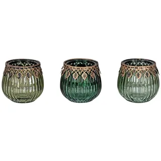 Levandeo® Teelichthalter, 3er Set Orientalische Teelichthalter Grün Gold Glas Retro Tischdeko