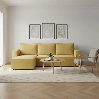 Couch L Form - Mit Schlaffunktion und Bettkasten - Links - 235x76x147 cm - Gelb - Kleine Sofaecke - Wohnlandschaft L Form - Schlafsofa Modern - Gelb